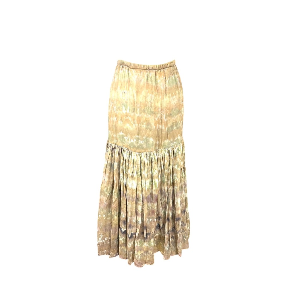 Silk Earth Tone Tie Dye Tiered Maxi Skirt Elastic Waist Boho Green Tan Long